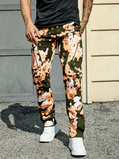 Men's Stretch Twill Pants: Full Print, Embroidery, Zipper Pockets