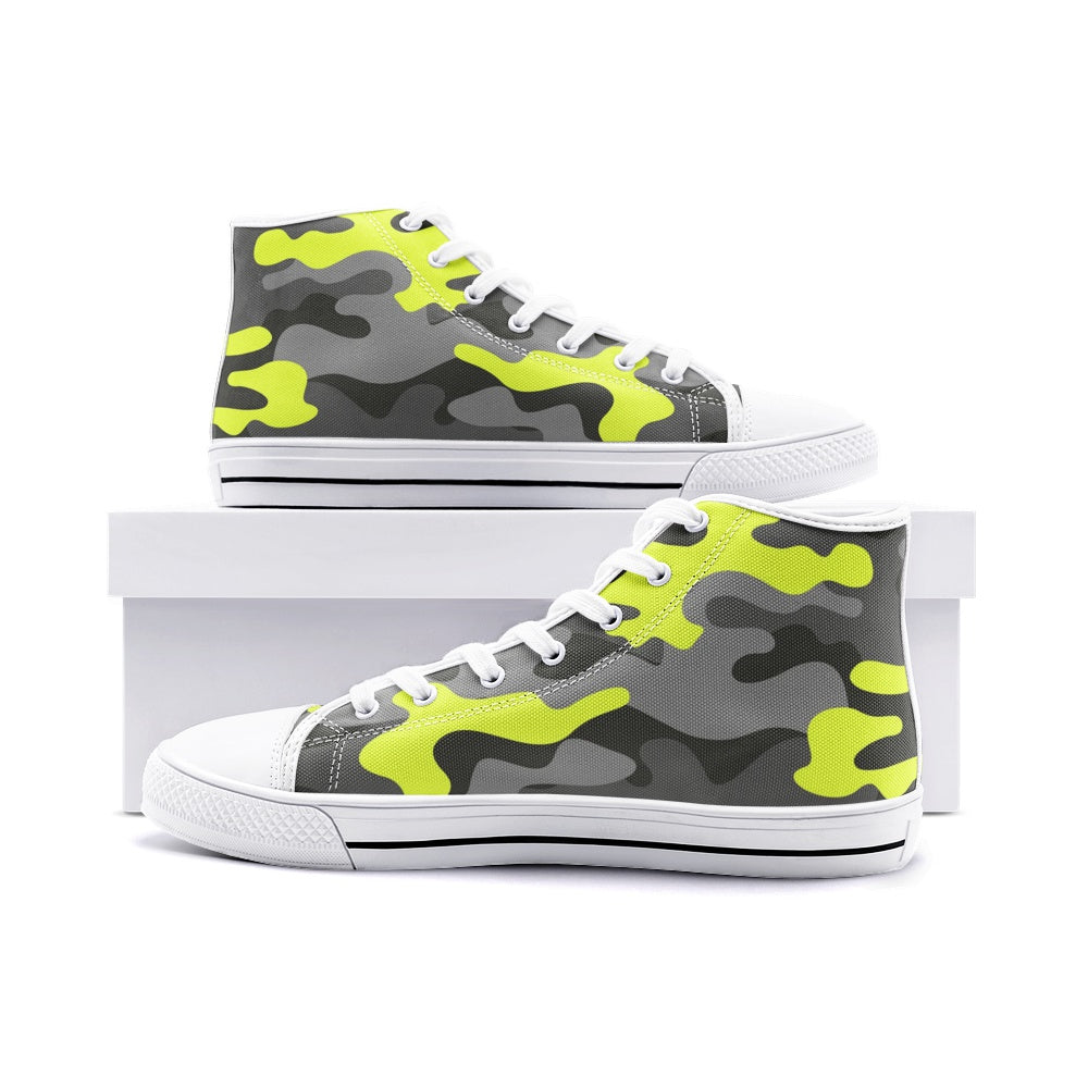 Camo Shoes | HIgh Top Canvas | Yellow, Black, and Gray