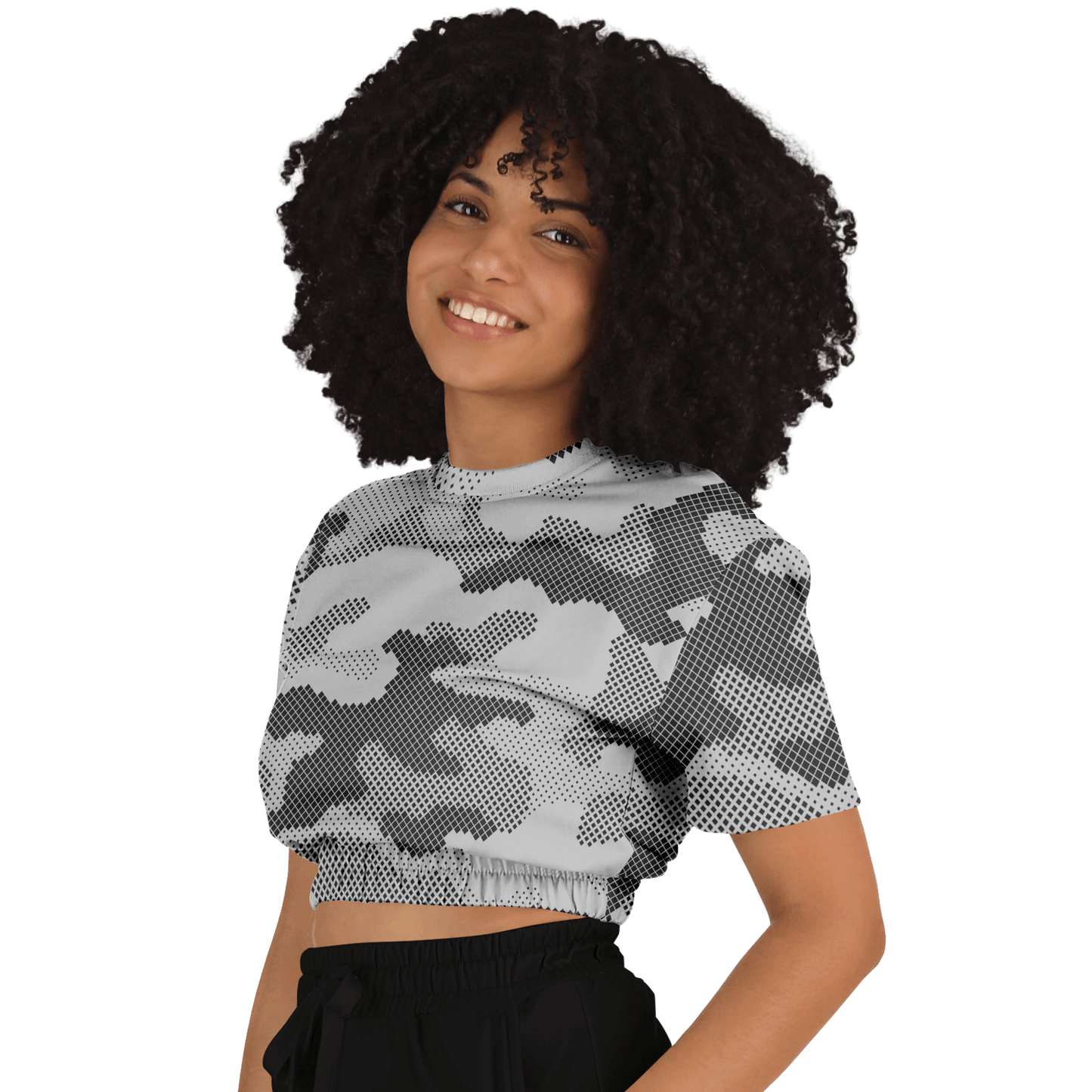 Camo Crop Top Sweatshirt | Black & White Digital Dotted