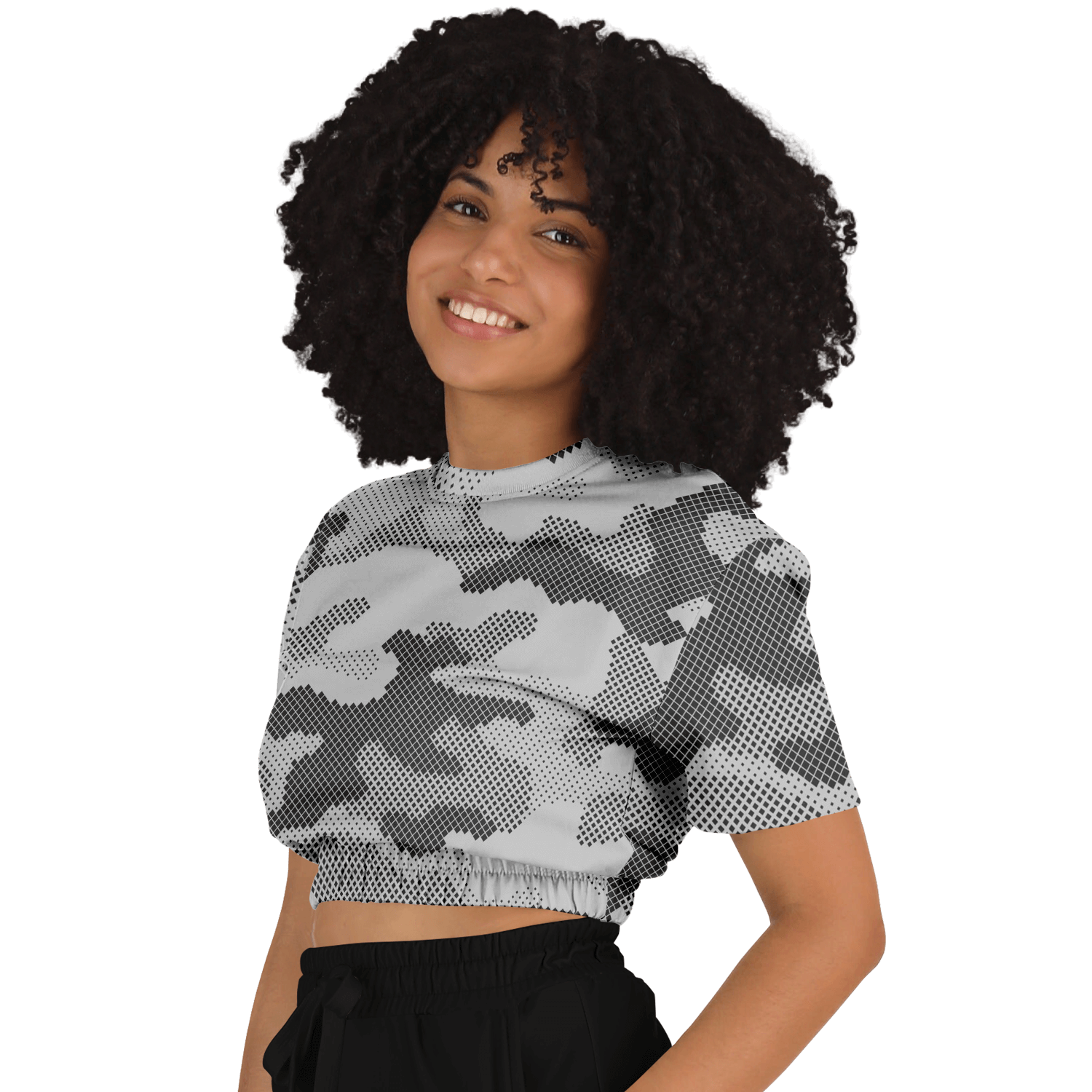 Camo Crop Top Sweatshirt | Black & White Digital Dotted