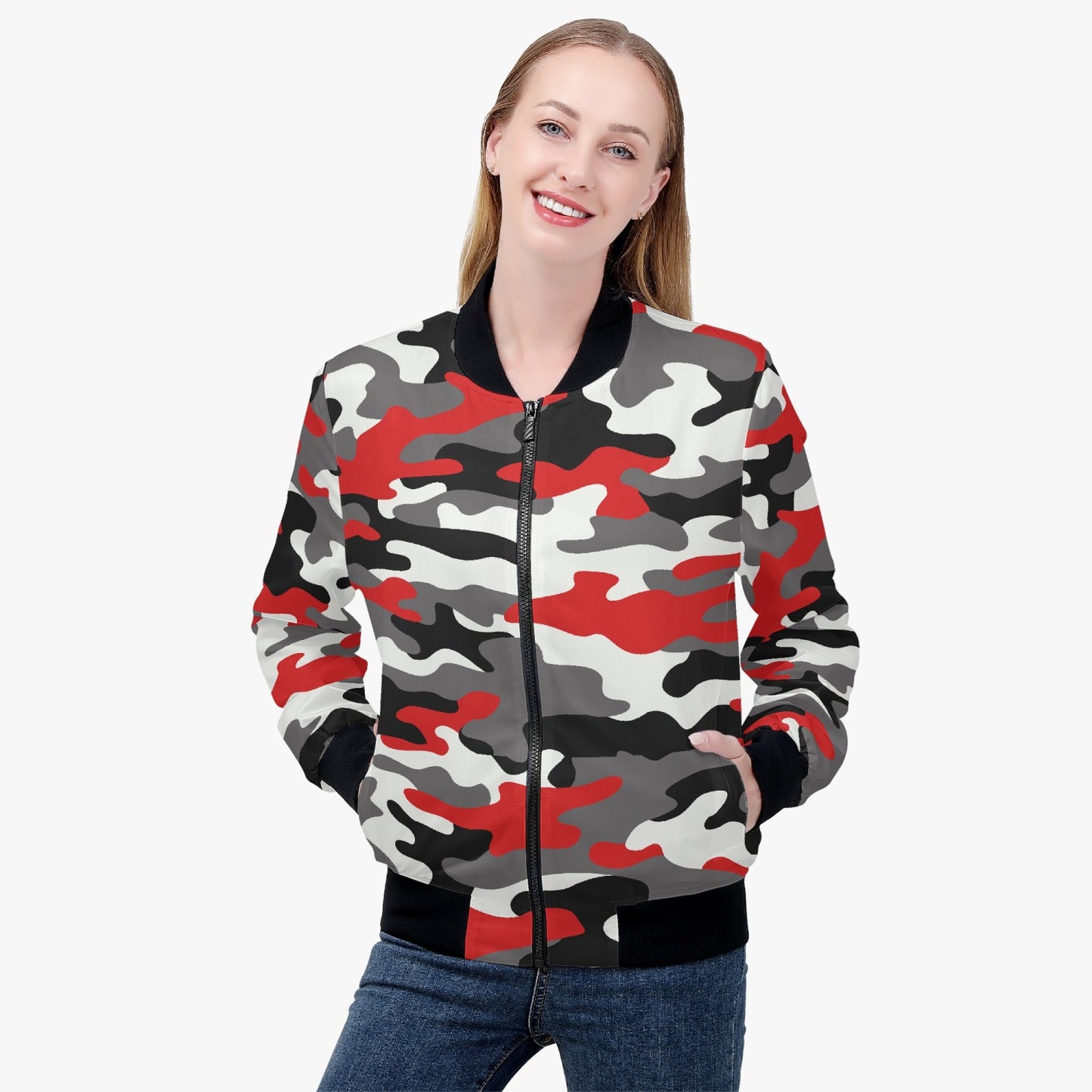 Women's Camo Bomber Jacket | Red, Black, and White