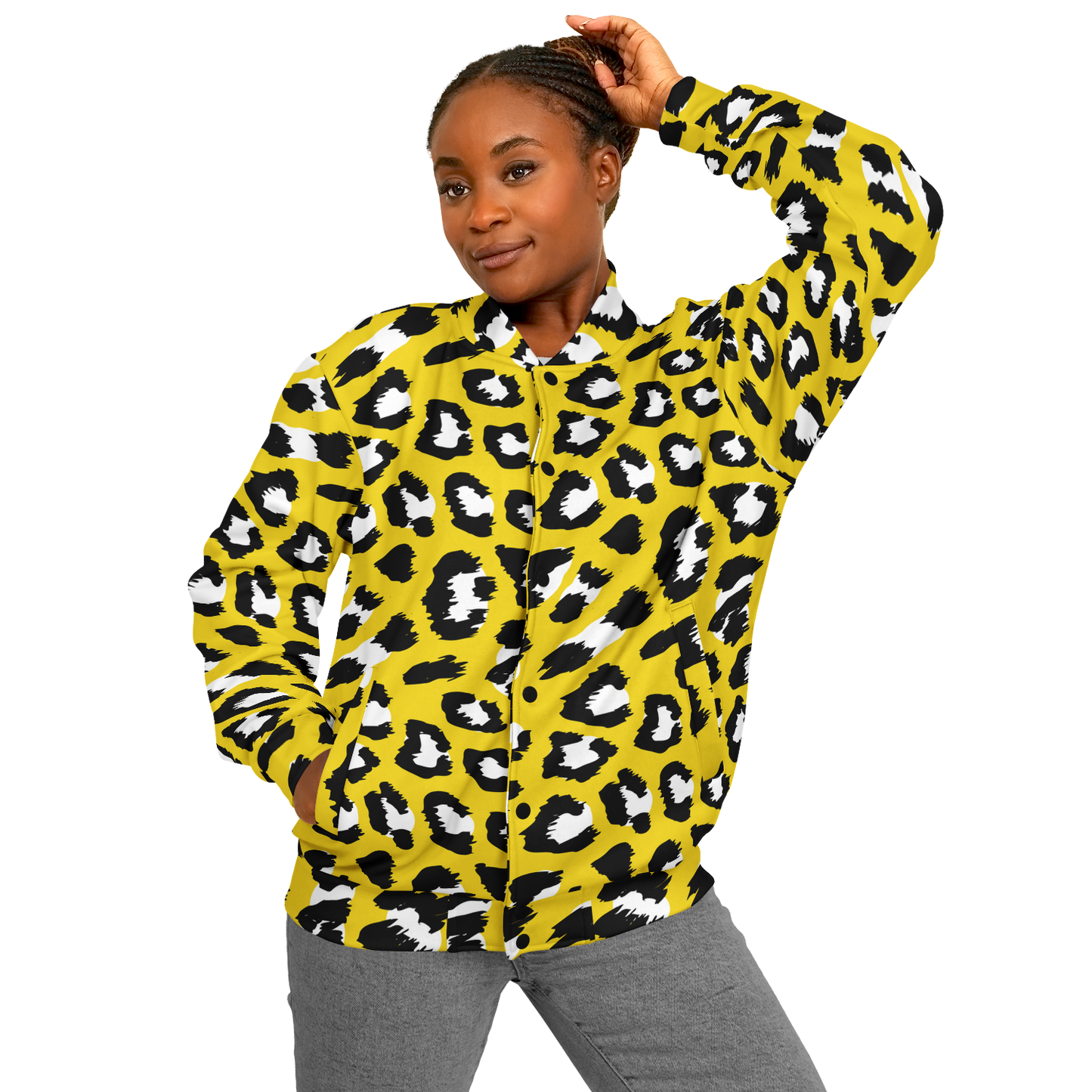 Baseball Jacket in Yellow & Black Leopard Pattern