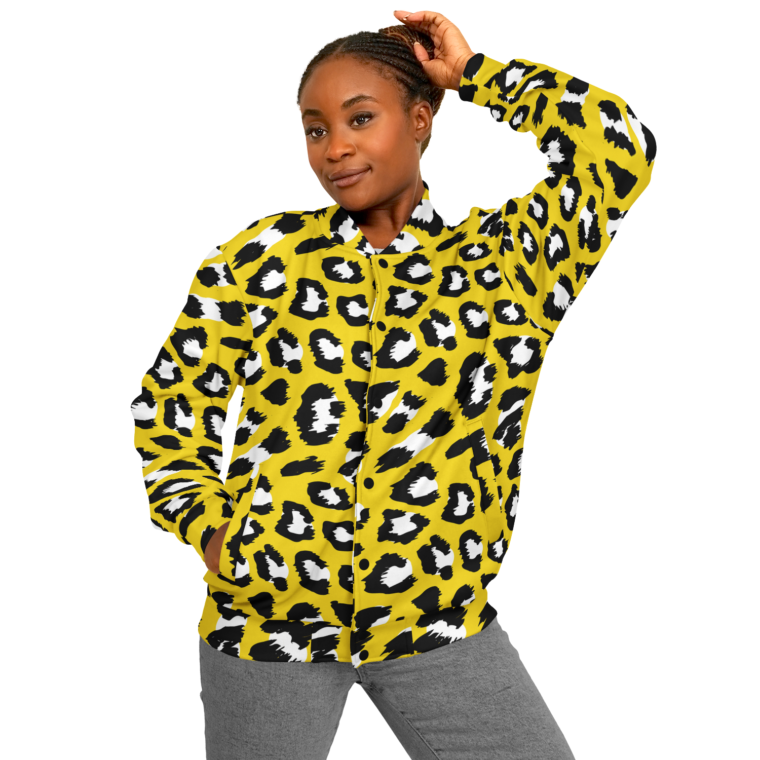 Baseball Jacket in Yellow & Black Leopard Pattern