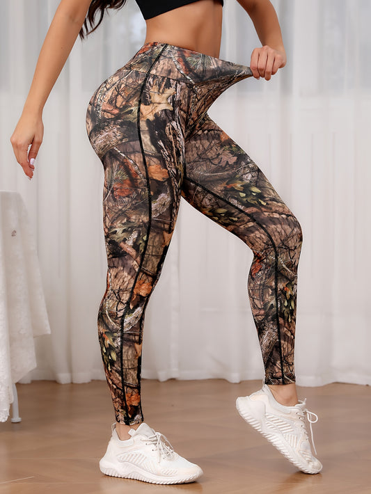 Leggings de yoga para mujer | Cintura alta, largo largo, tejido de poliéster elástico, estampado de plantas de camuflaje