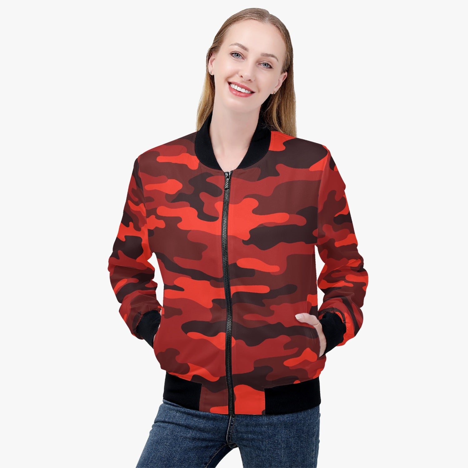 Women's Camo Bomber Jacket | Scarlet Red and Black