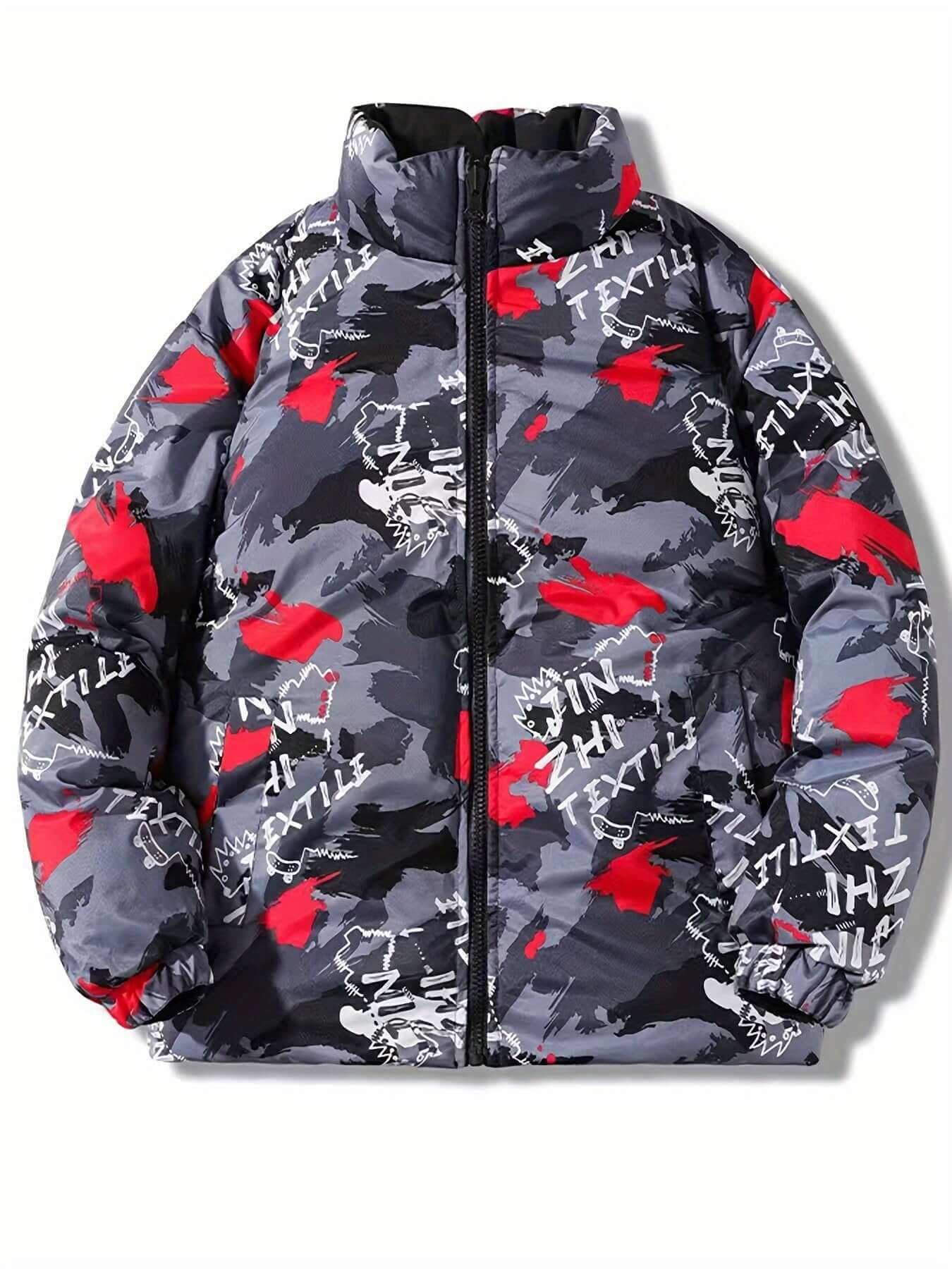 Reversible Camo Puffer Jacket for Men with Stand Collar and Zip Detail