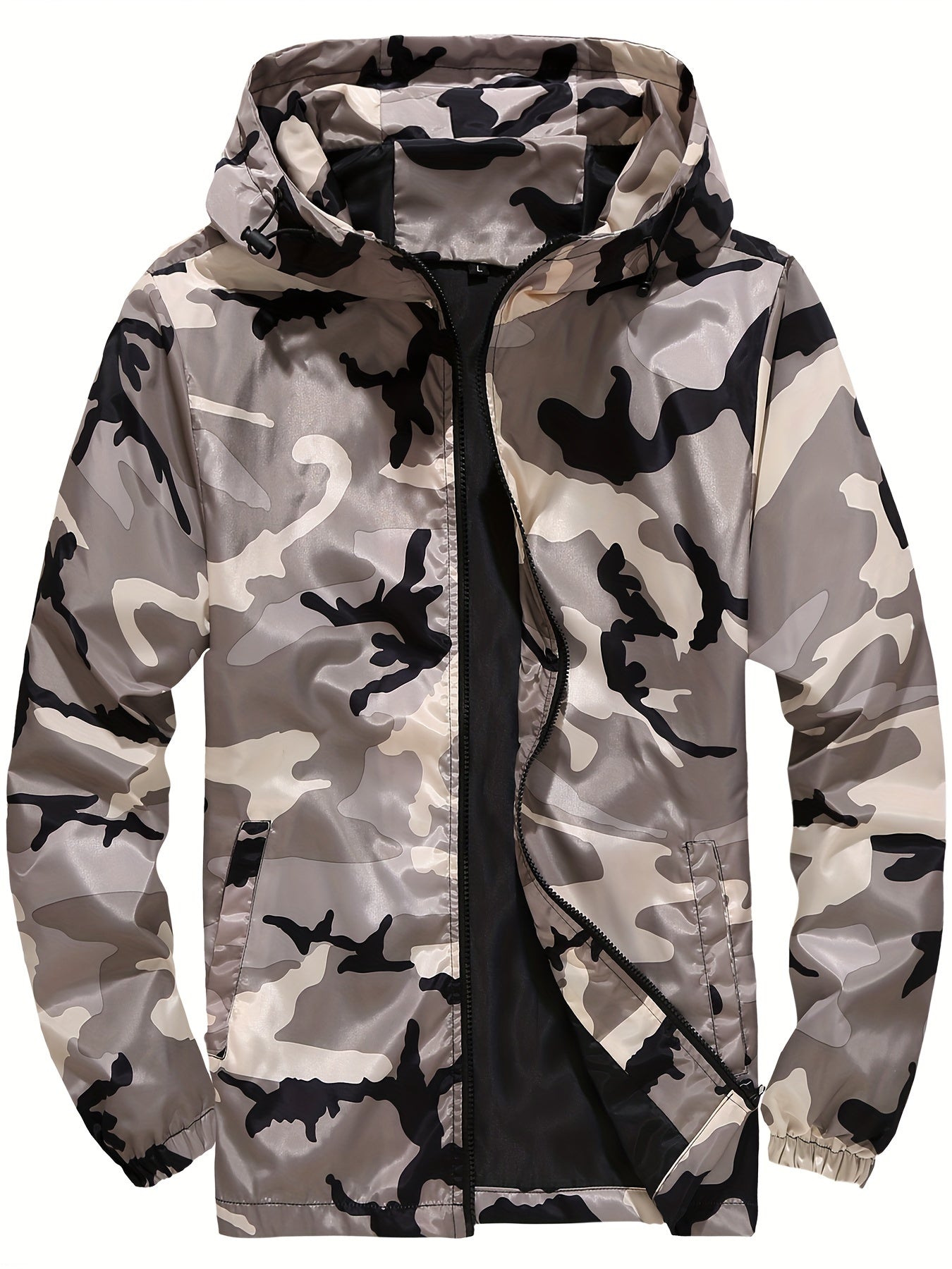 Men's Grey Hooded Zip Up Camouflage Lightweight Jacket