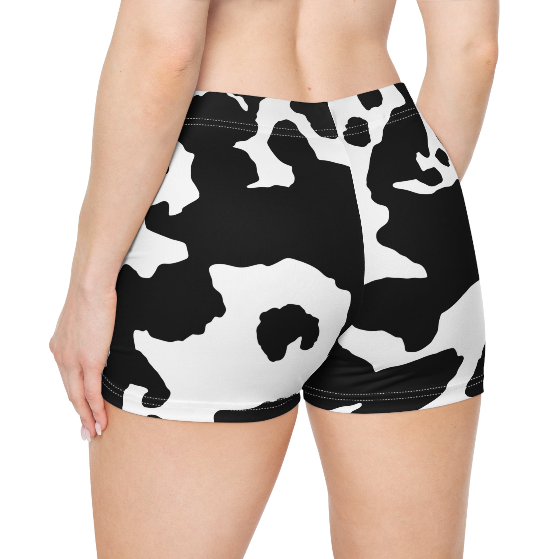 Women's Camo Shorts | Tight Fit | Black & White Cow Print