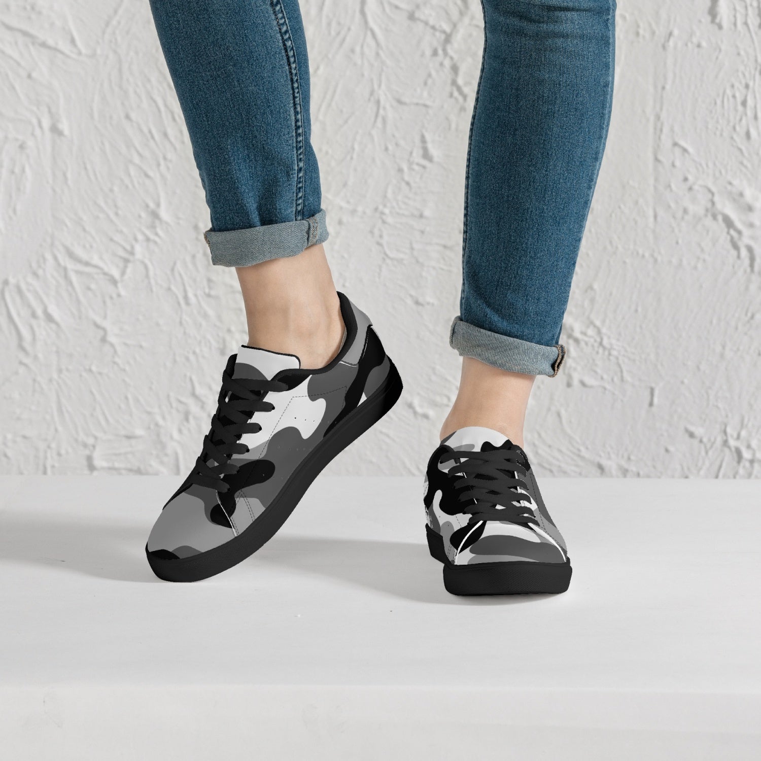 Camo Sneakers | Classic Low-Top Leather | Gray, Black and White