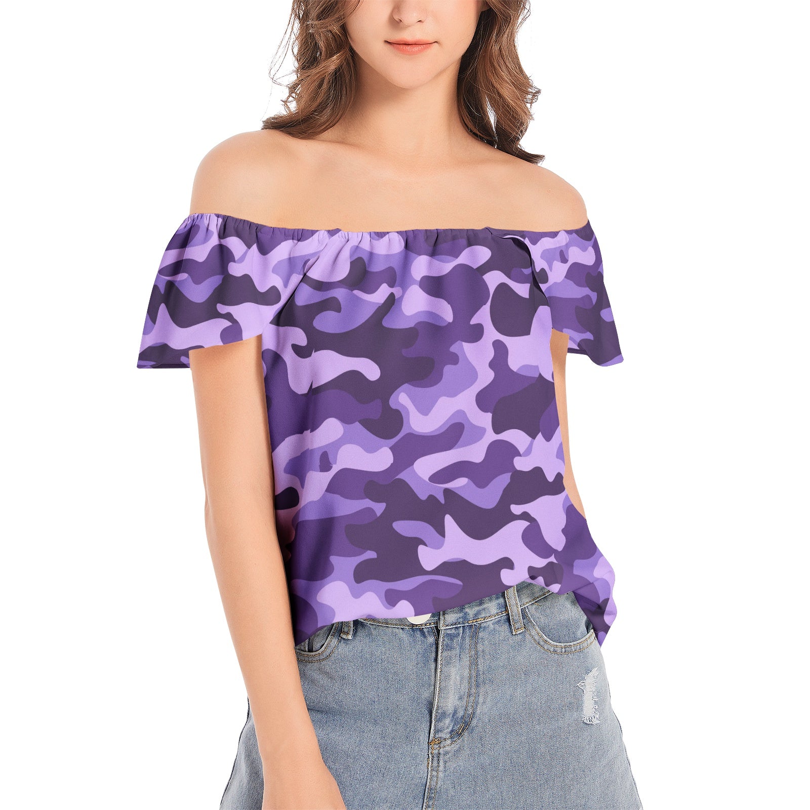 Off The Shoulder Camo Top | Purple, Blue and Mauve Camouflage