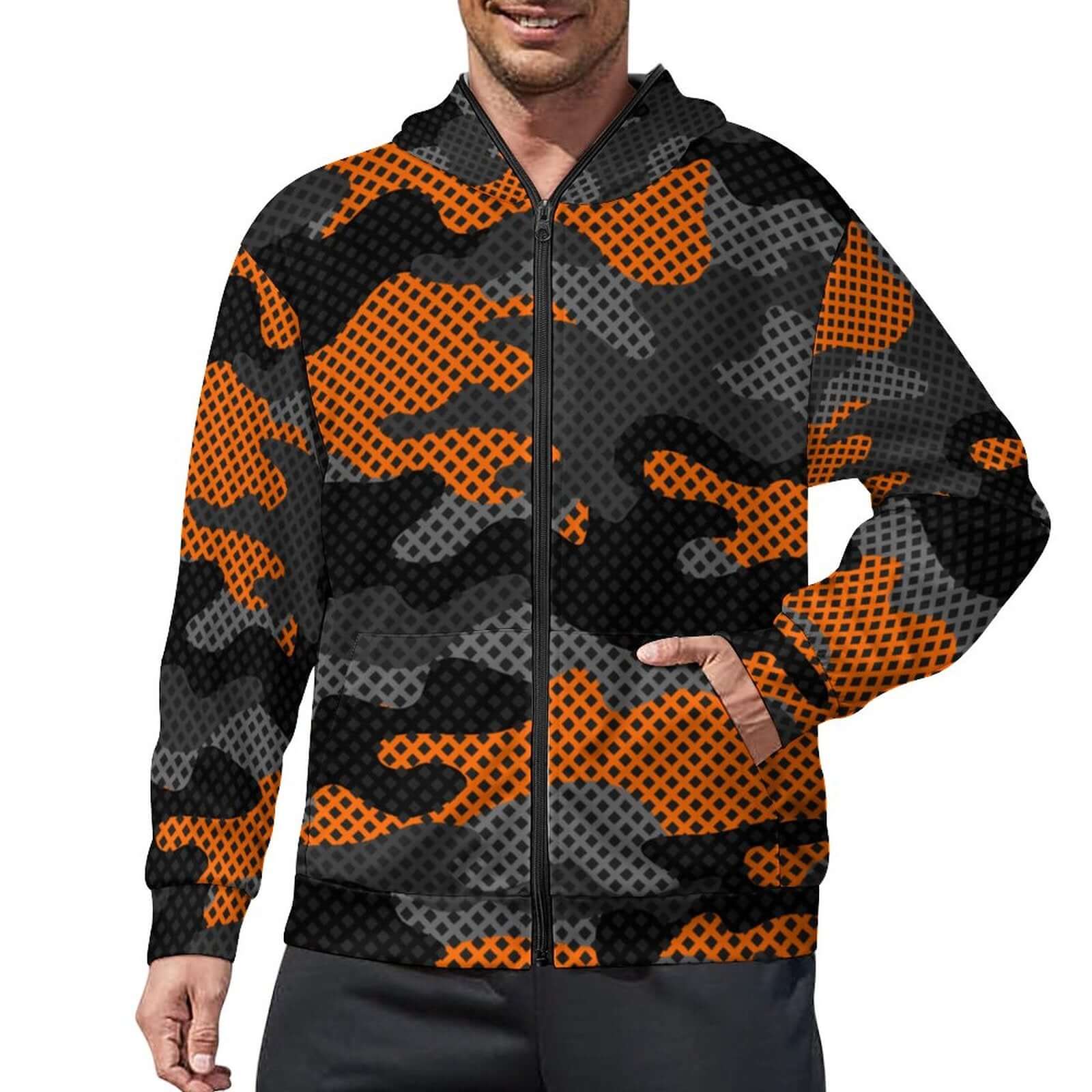 Zip up Camo Hoodie | Black & Orange Pixel Camouflage