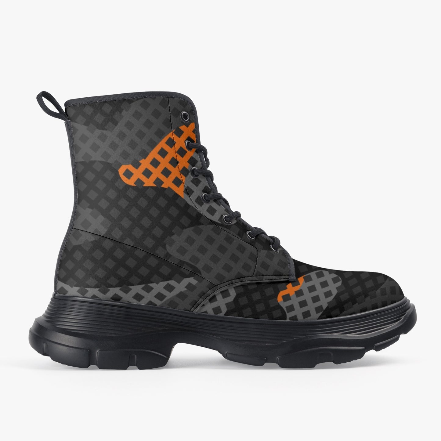 Chunky Boots | Leather in Black & Orange Pixel Camouflage