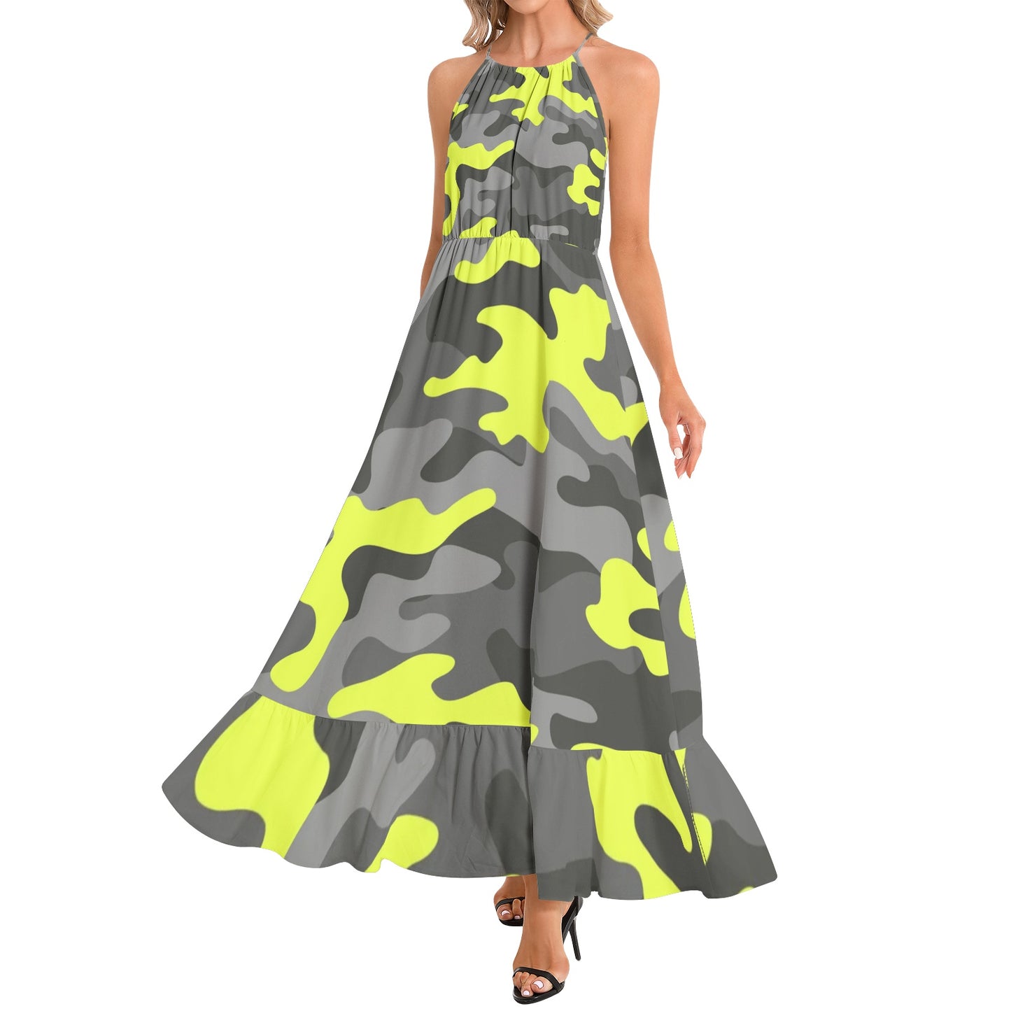 Camo Maxi Dress | Yellow, Black, and Gray Camouflage | Ruffle Hem