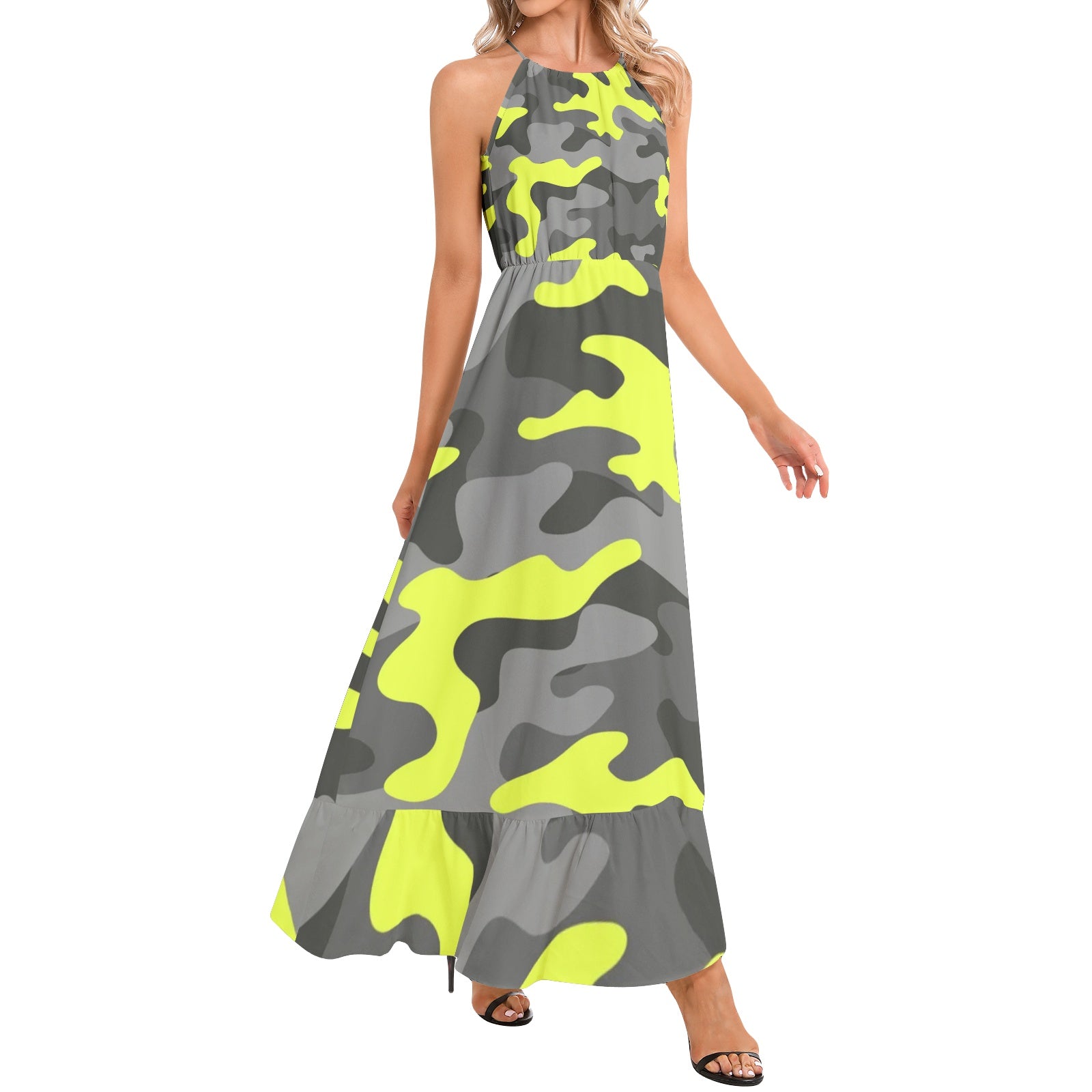 Camo Maxi Dress | Yellow, Black, and Gray Camouflage | Ruffle Hem