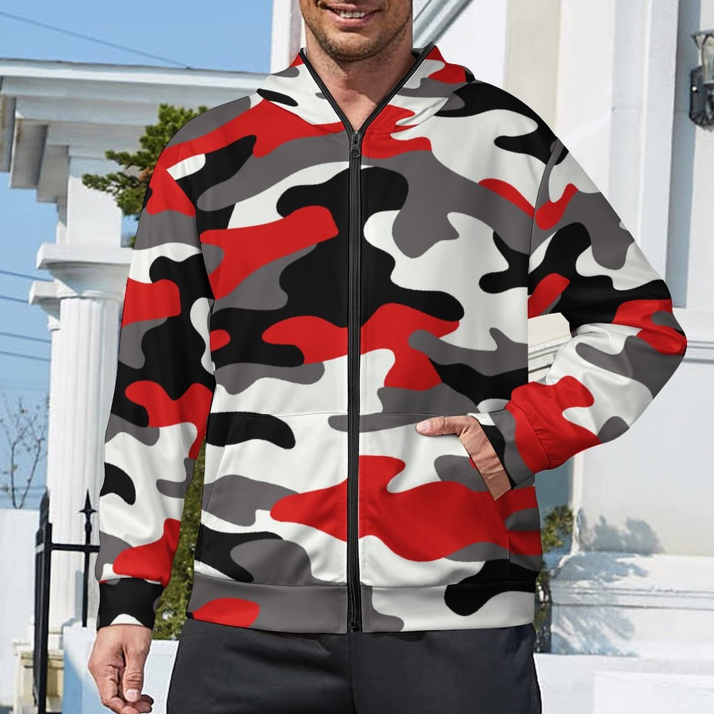 Zip up Camo Hoodie | Red, Black & White Camouflage