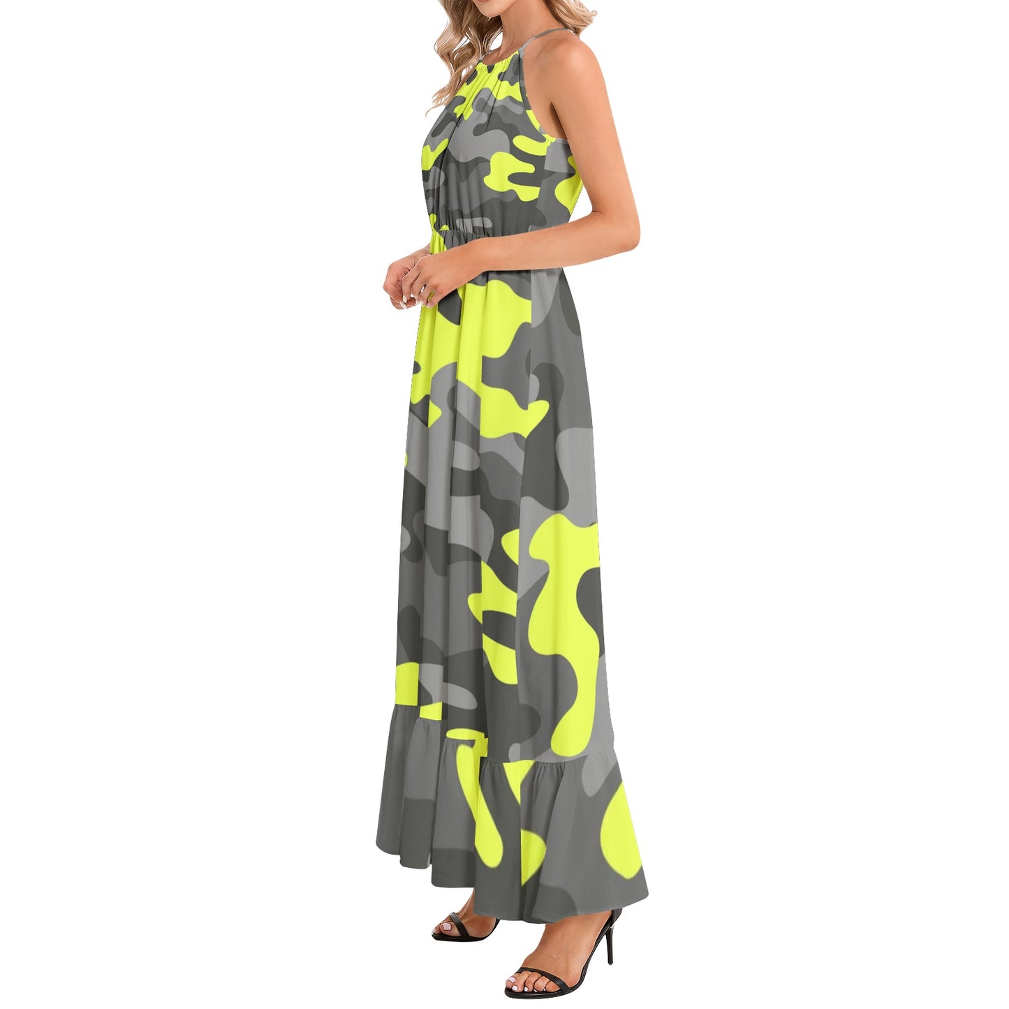 Camo Maxi Dress | Yellow, Black, and Gray Camouflage | Ruffle Hem