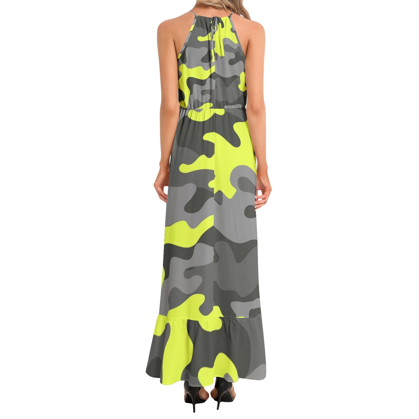 Camo Maxi Dress | Yellow, Black, and Gray Camouflage | Ruffle Hem