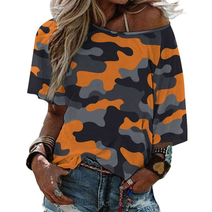 Off The Shoulder Top | Orange, Gray & Black Camo Shirt