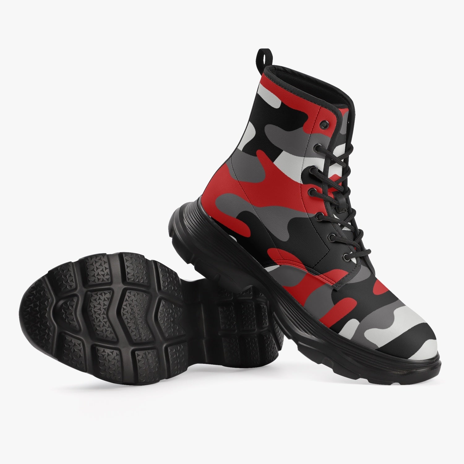 Chunky Boots | Leather in Red, Black, & White Camouflage