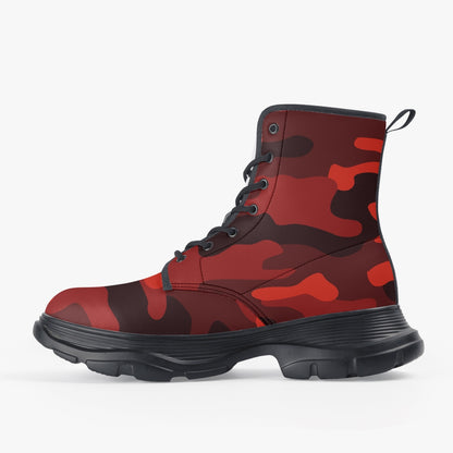 Chunky Boots | Leather in Scarlet Red & Black Camouflage