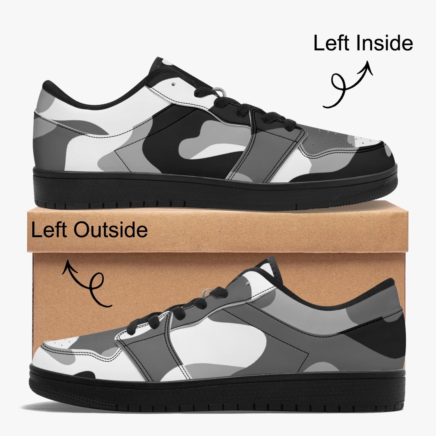 Camo Sneakers | Gray Black Low-Top Leather Camouflage Shoes