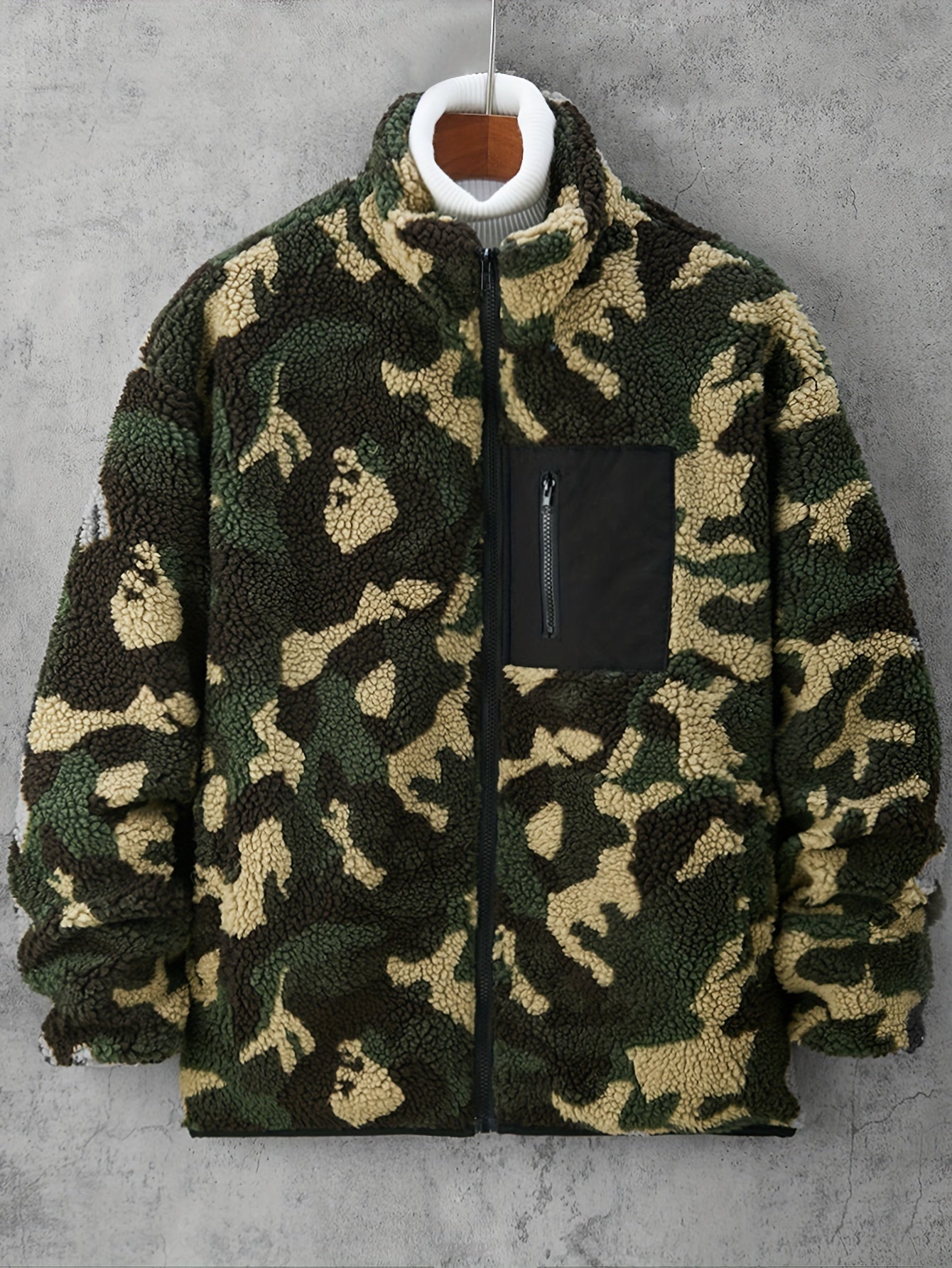 Camouflage Pattern Polar Fleece Jacket, Men's Casual Lapel Coat For Fall Winter