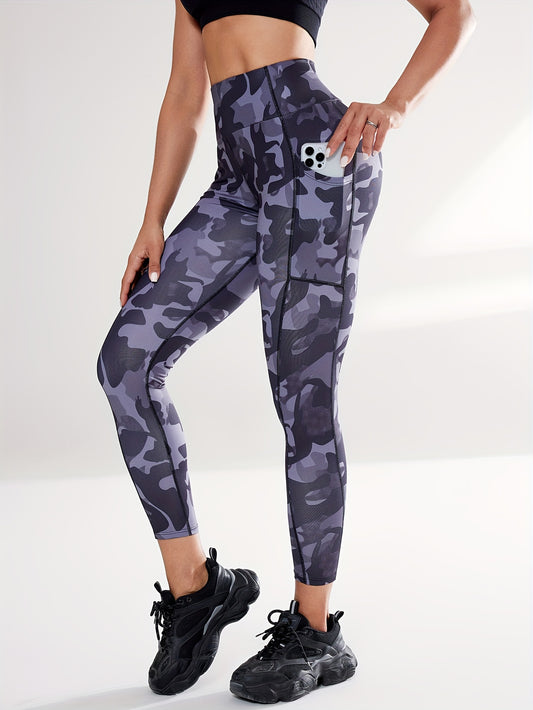 Leggings de yoga con estampado de camuflaje para mujer, bolsillo para teléfono, cintura alta, mezcla de poliéster y elastano