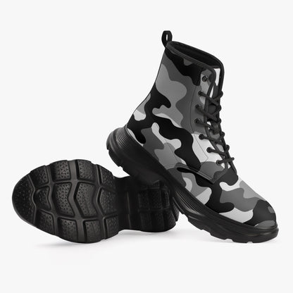 Chunky Boots | Leather in Gray, Black, & White Camouflage