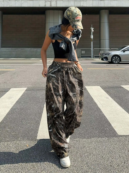 Leaf Print Wide Leg Pants | Casual High Waist Dual Pockets Trousers