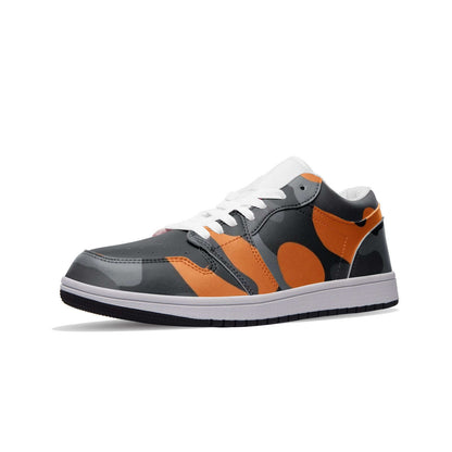 Camo Shoes | Orange, Black, & Gray Low Top Leather Sneakers