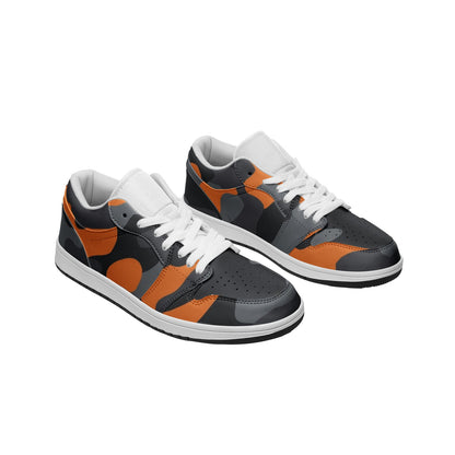 Camo Shoes | Orange, Black, & Gray Low Top Leather Sneakers