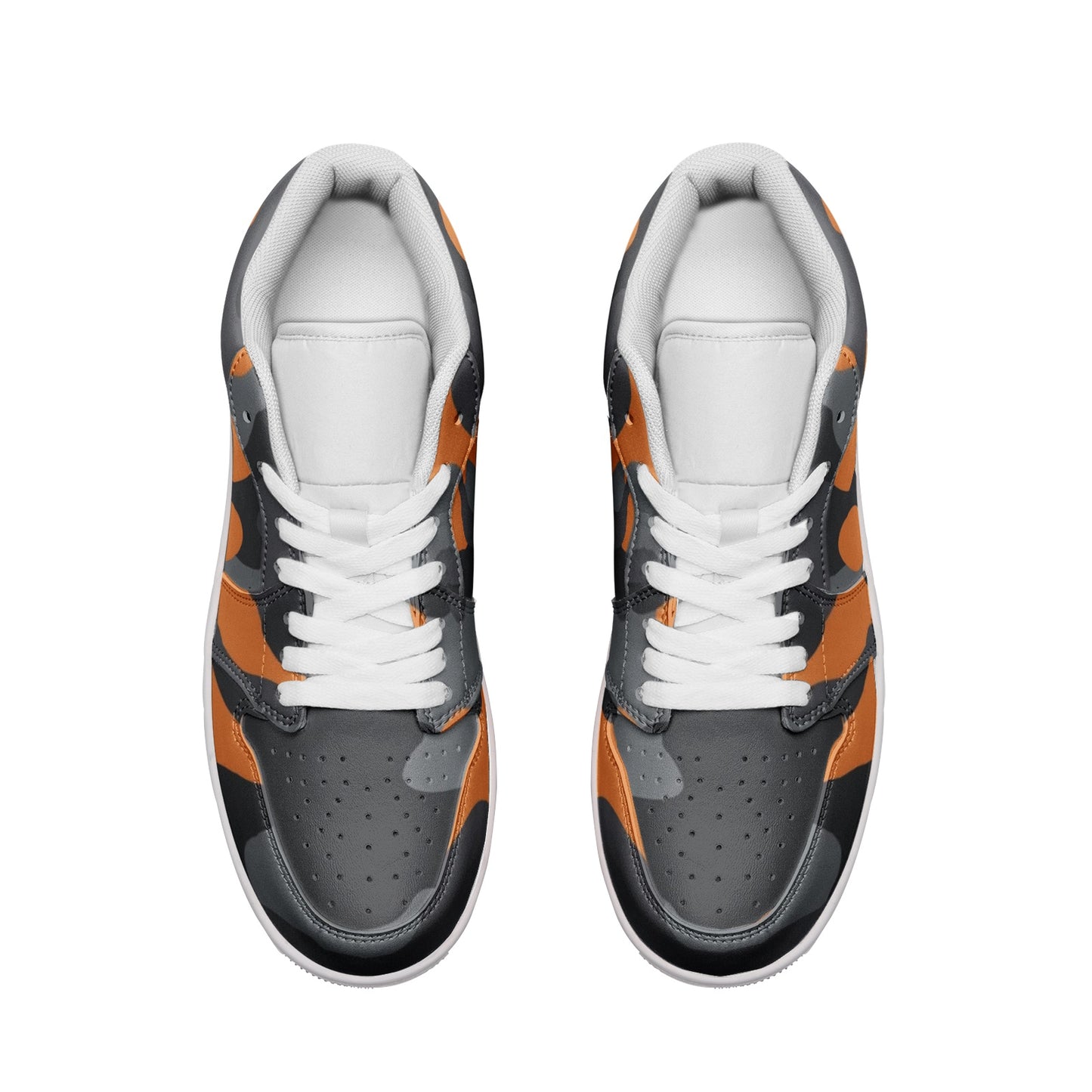 Camo Shoes | Orange, Black, & Gray Low Top Leather Sneakers