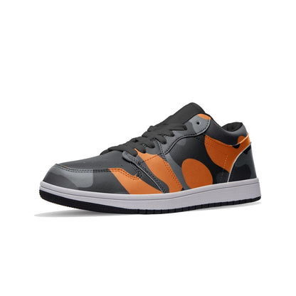 Camo Shoes | Orange, Black, & Gray Low Top Leather Sneakers