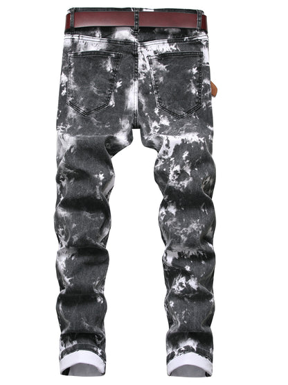 Men's slim-fit black stretch printed jeans dyed trousers