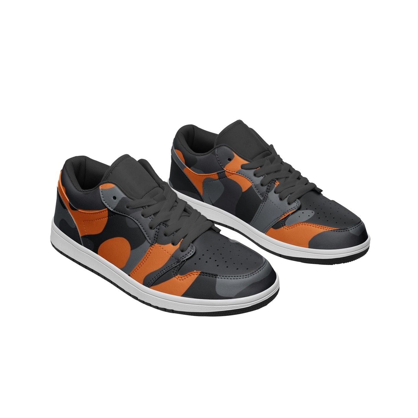 Camo Shoes | Orange, Black, & Gray Low Top Leather Sneakers