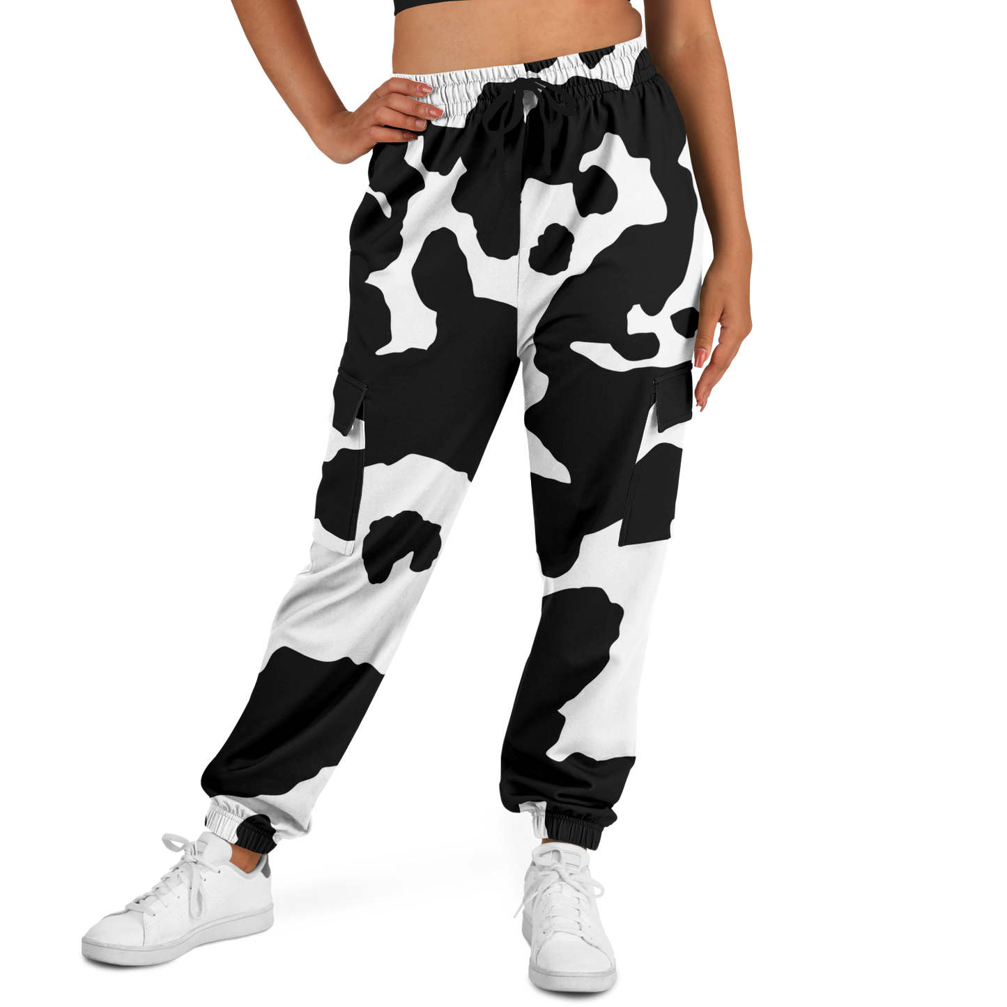 Camo Cargo Pants | Unisex | Black & White Cow Camouflage