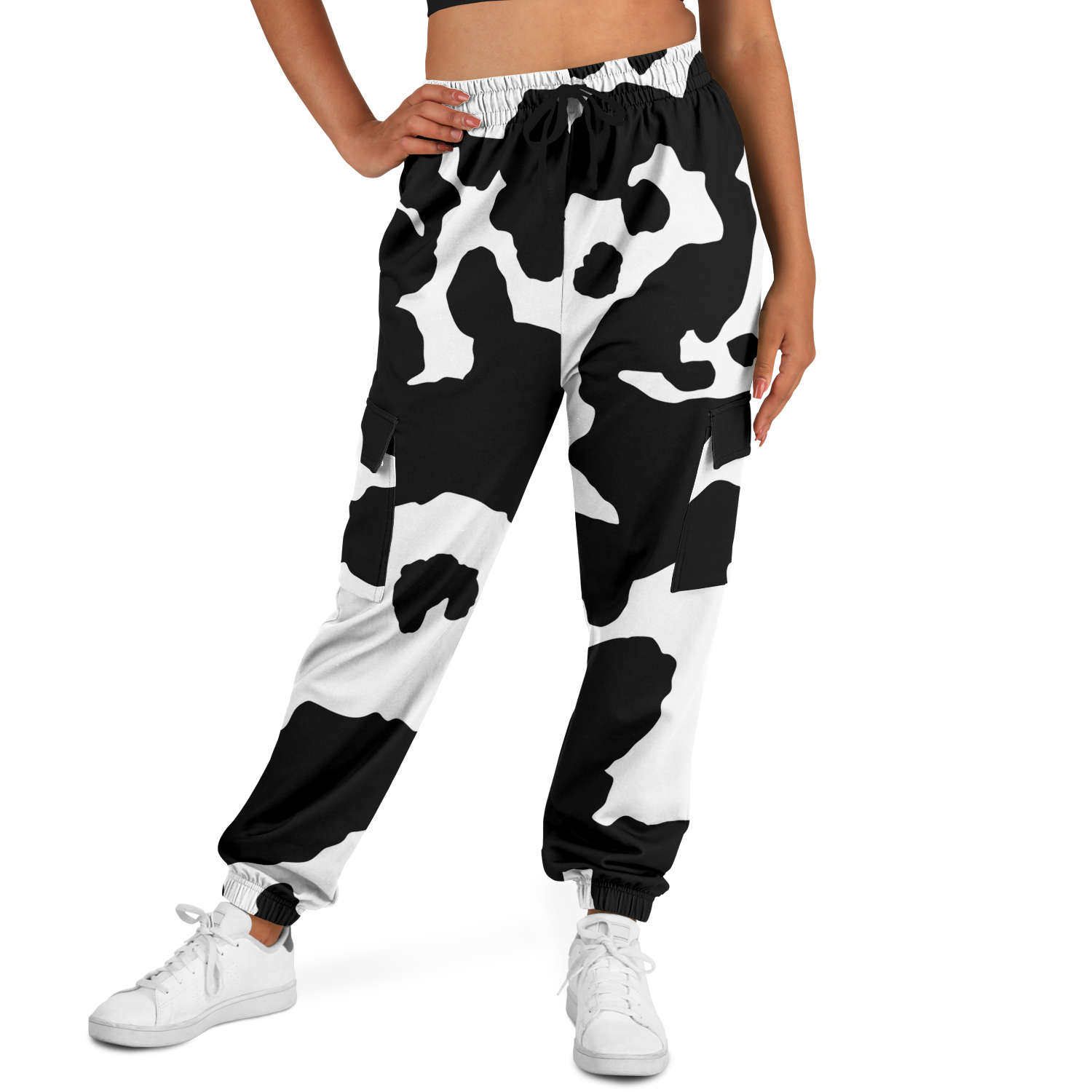 Camo Cargo Pants | Unisex | Black & White Cow Camouflage