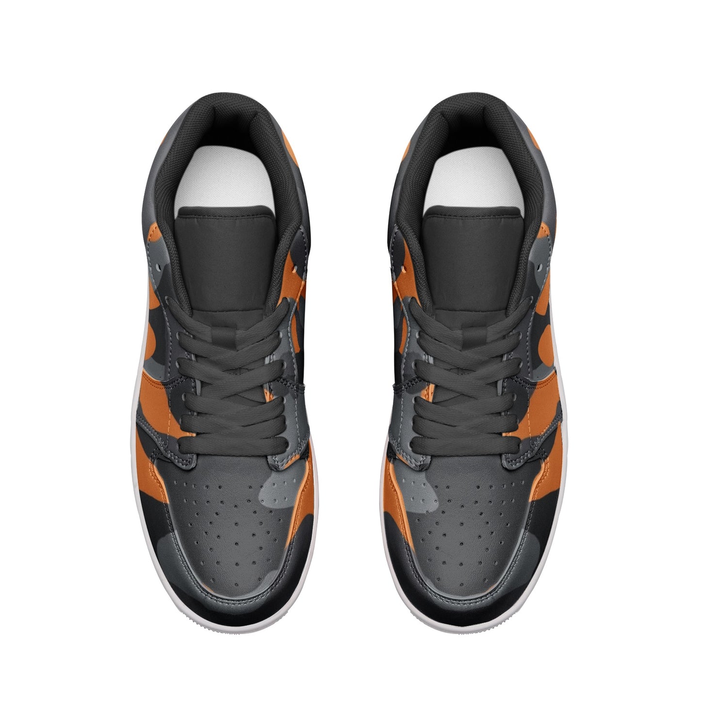 Camo Shoes | Orange, Black, & Gray Low Top Leather Sneakers