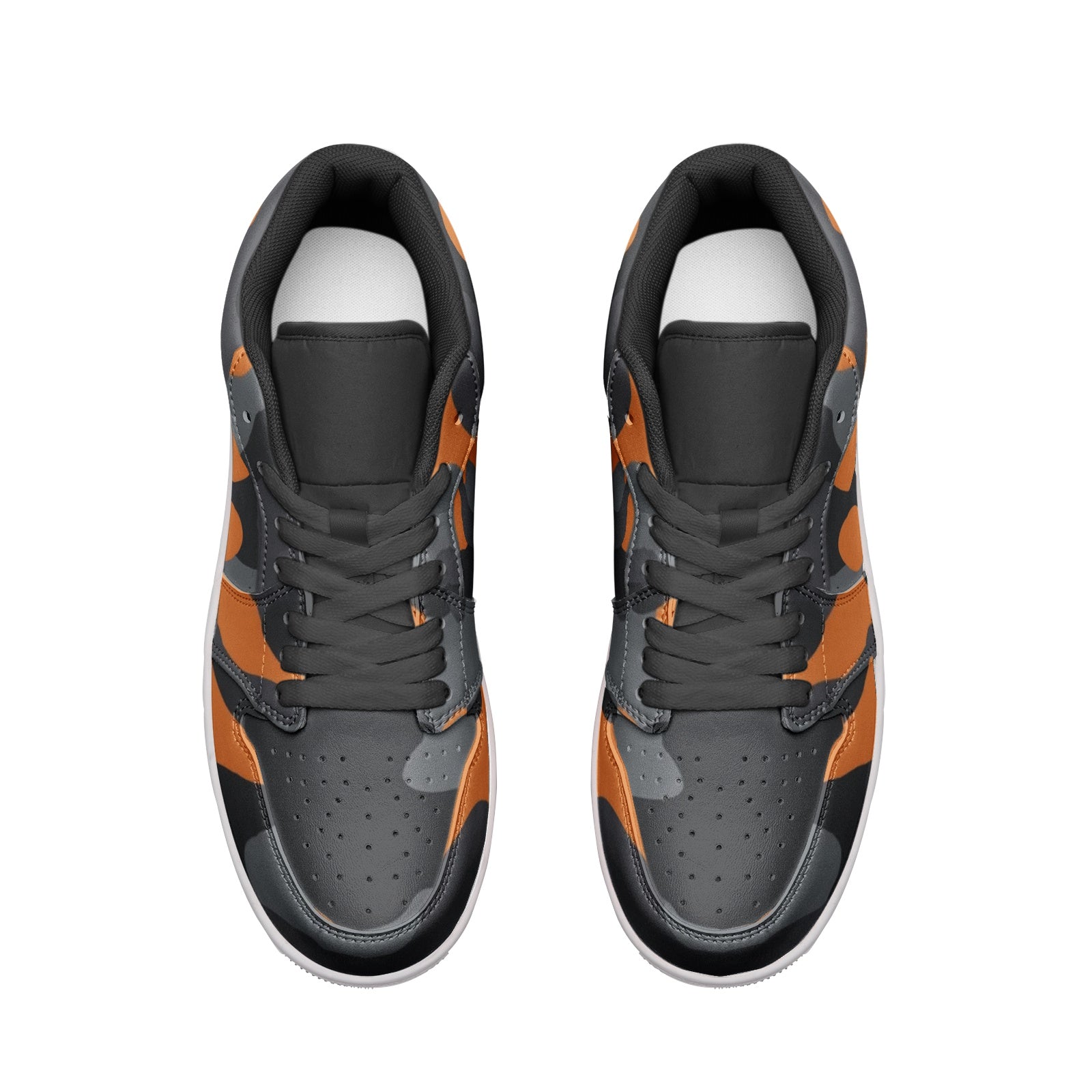 Camo Shoes | Orange, Black, & Gray Low Top Leather Sneakers