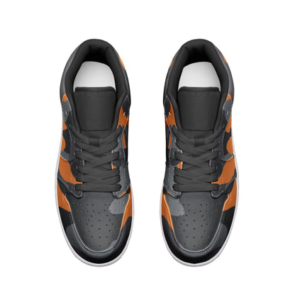 Camo Shoes | Orange, Black, & Gray Low Top Leather Sneakers