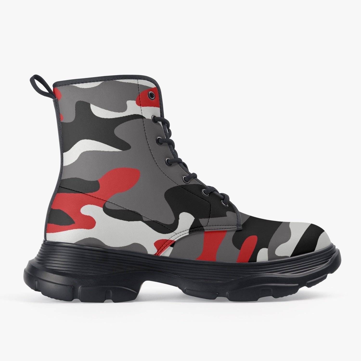 Chunky Boots | Leather in Red, Black, & White Camouflage