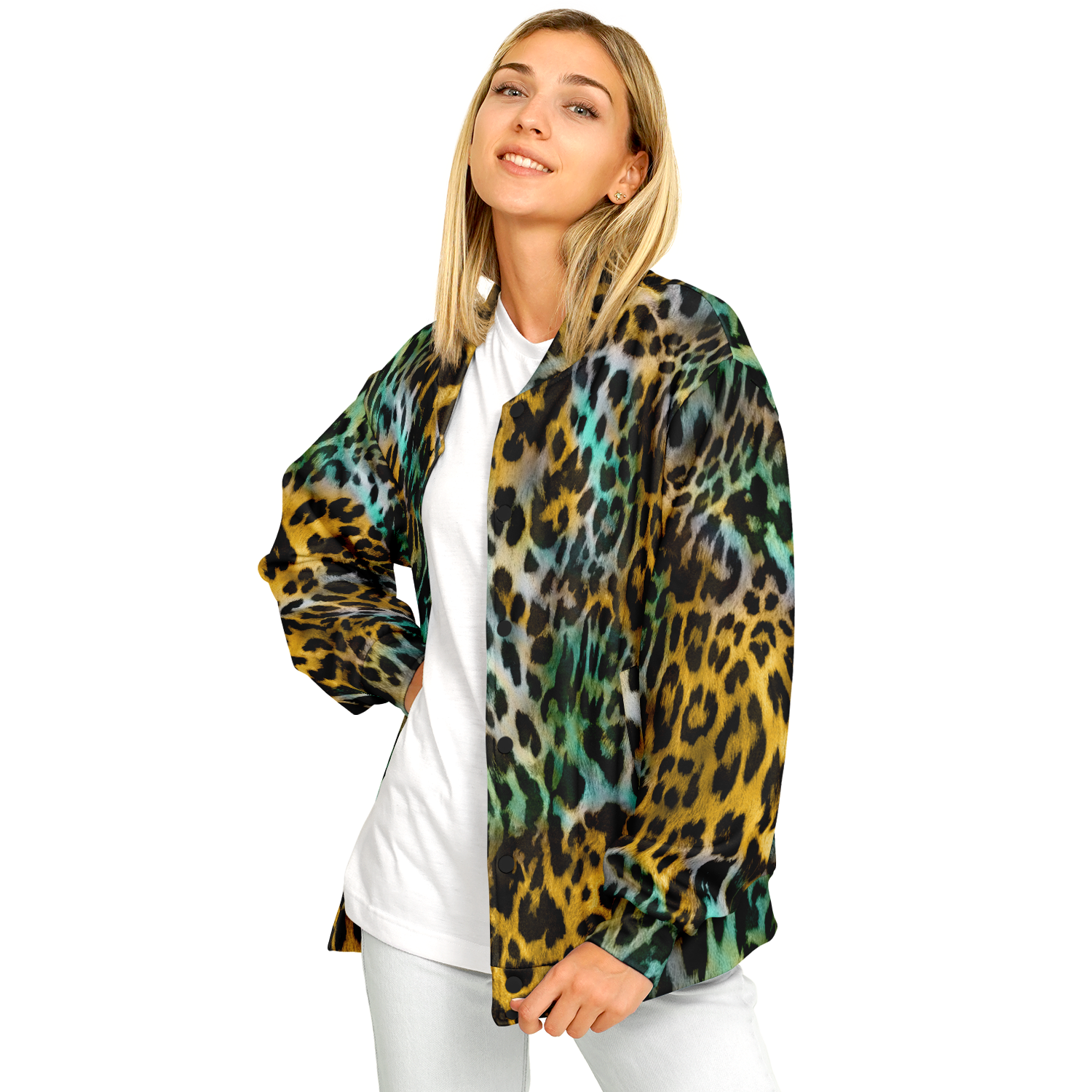 Baseball Jacket in Yellow and Blue Leopard Print