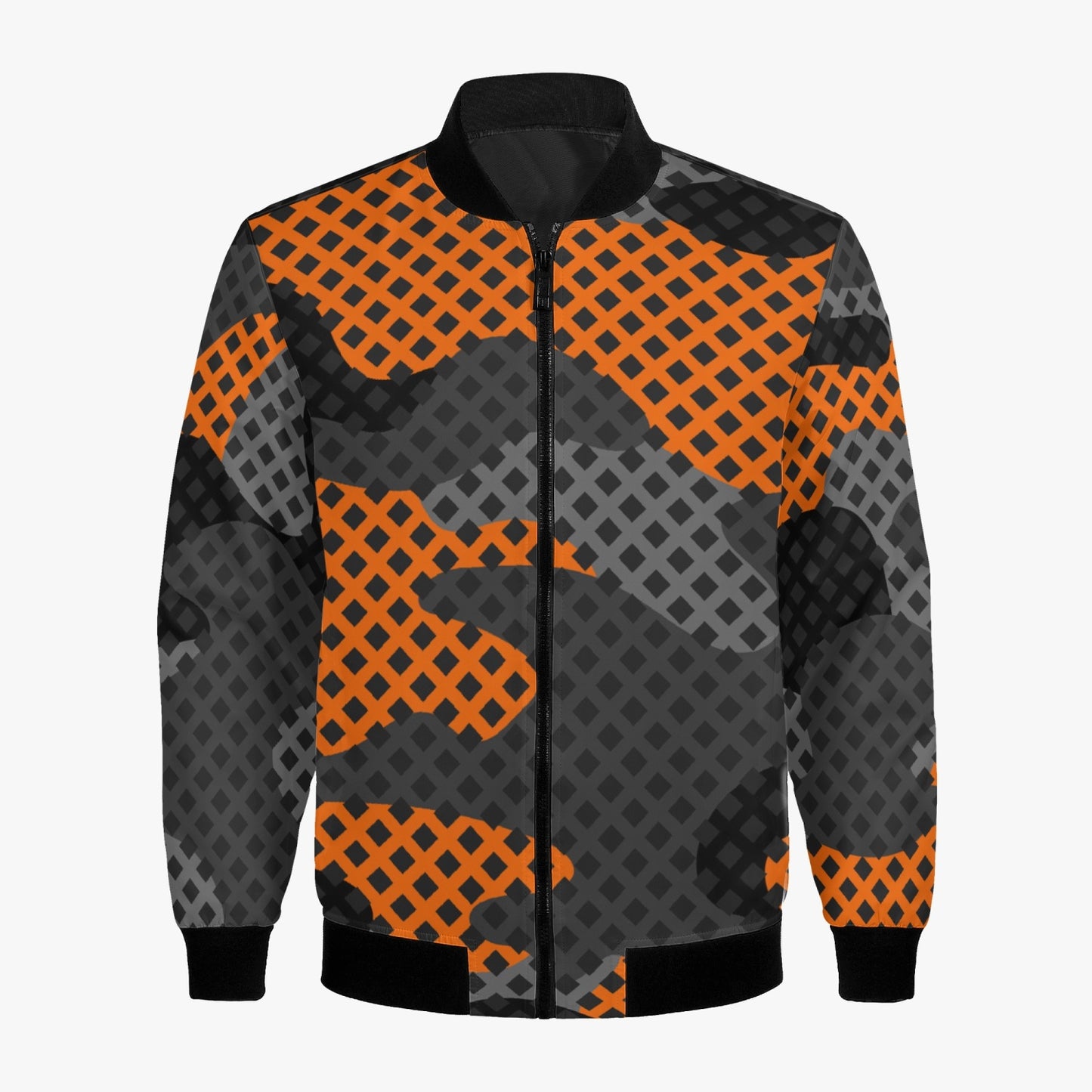 Women's Camo Bomber Jacket | Black & Orange Pixel Camouflage