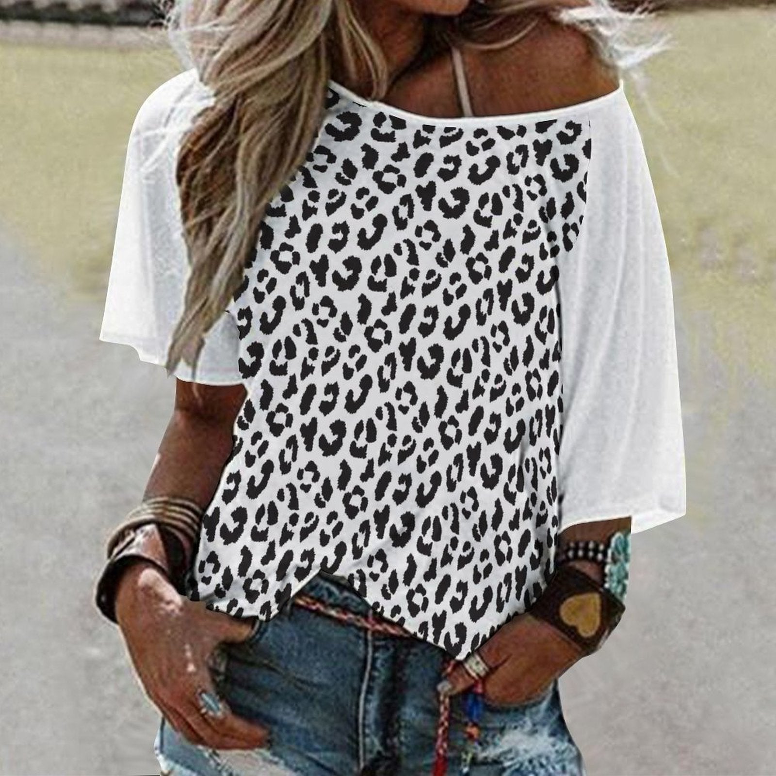 Off The Shoulder Top | Raglan Style | Black and White Leopard Print