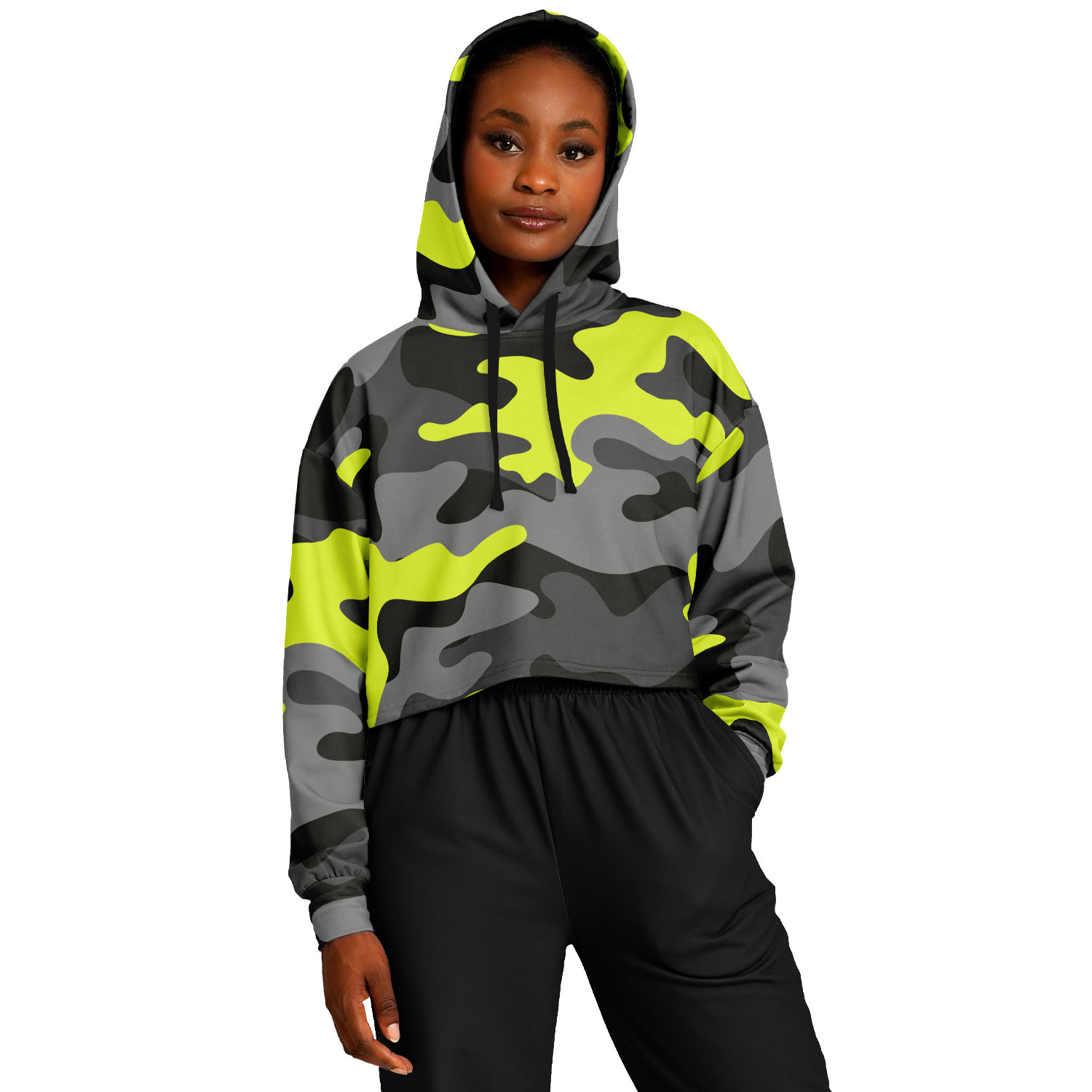 Cropped Hoodie For Women | Black, Gray & Yellow Camouflage