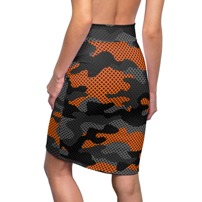 Camo Mini Skirt | Pencil Cut | Black & Orange Pixel Pattern