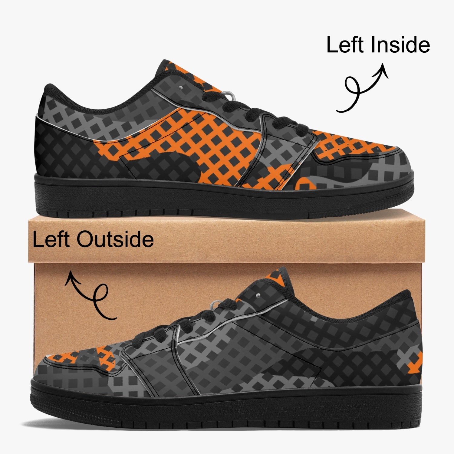 Camo Sneakers | Black and Orange Low-Top Leather Camouflage