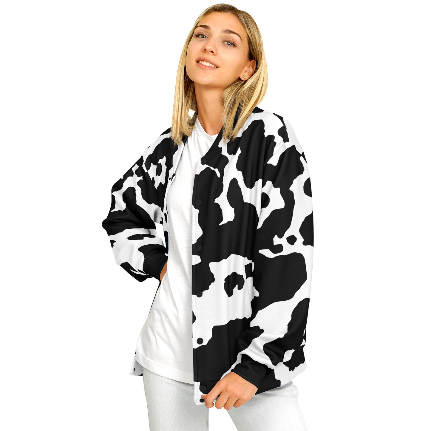 Baseball Jacket in Black & White Cow Print | Unisex