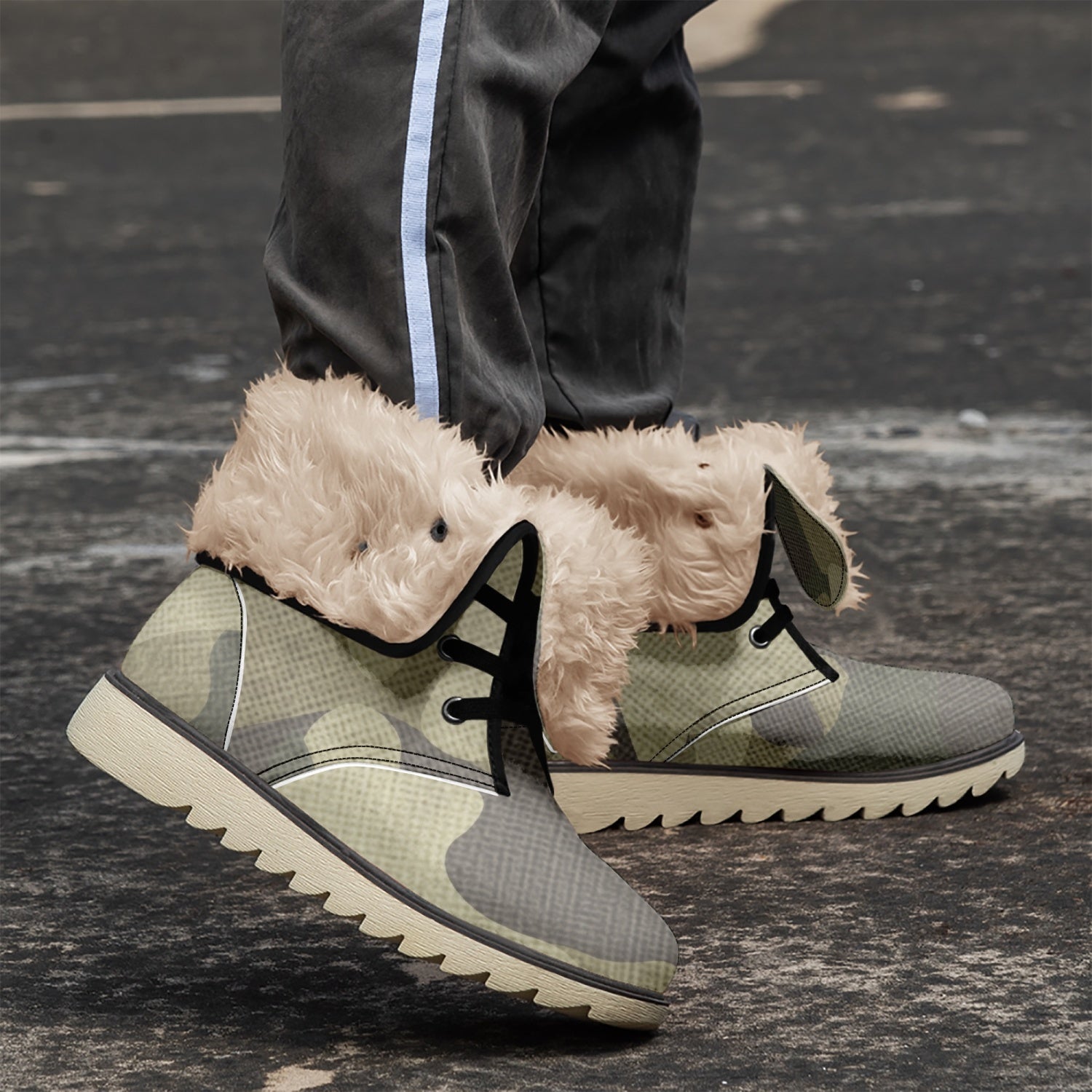 Camo Boots | Green Fabric Cotton-Pad Fur Lining