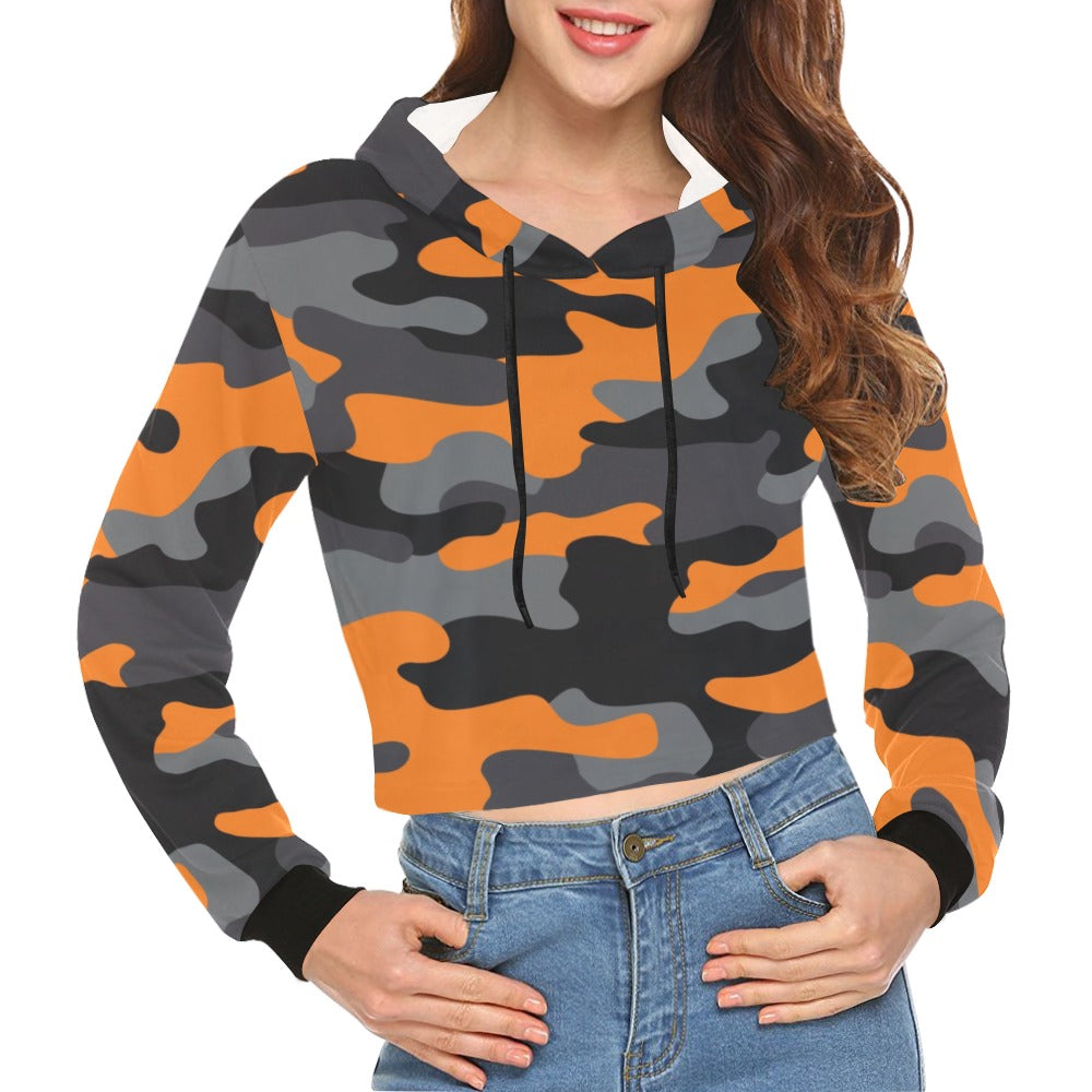 Cropped Camo Hoodie | Tight Fit | Orange, Black, and Gray Camouflage